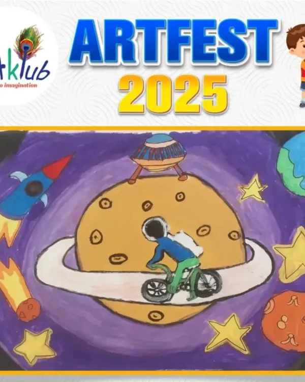 An imaginative artwork from Artfest 2025 showing an astronaut cycling on Saturn's rings. This piece wonderfully combines sports with a cosmic, outer-space theme.