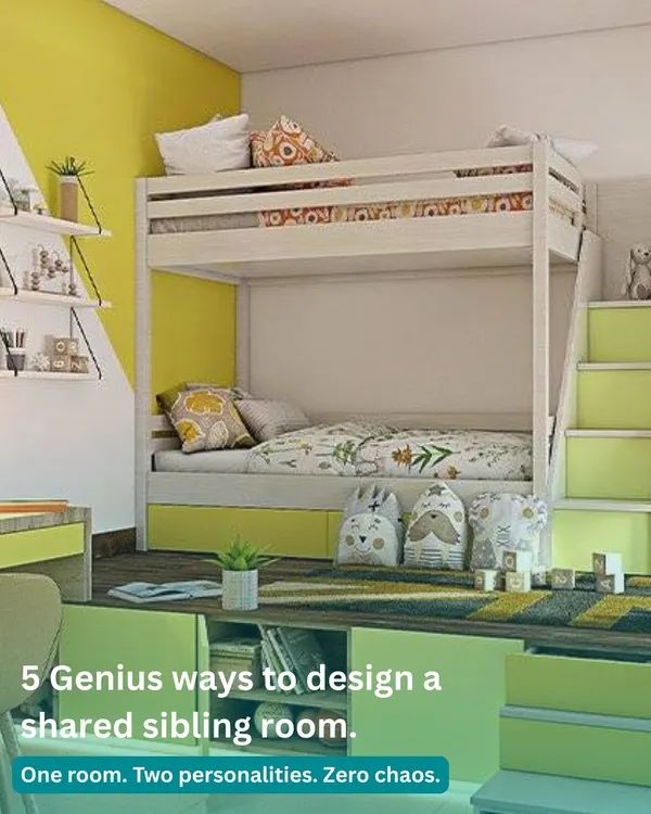 One room, two personalities, zero chaos. This image introduces five genius ways to design a shared sibling room, featuring a bunk bed in a vibrant yellow and green color scheme.