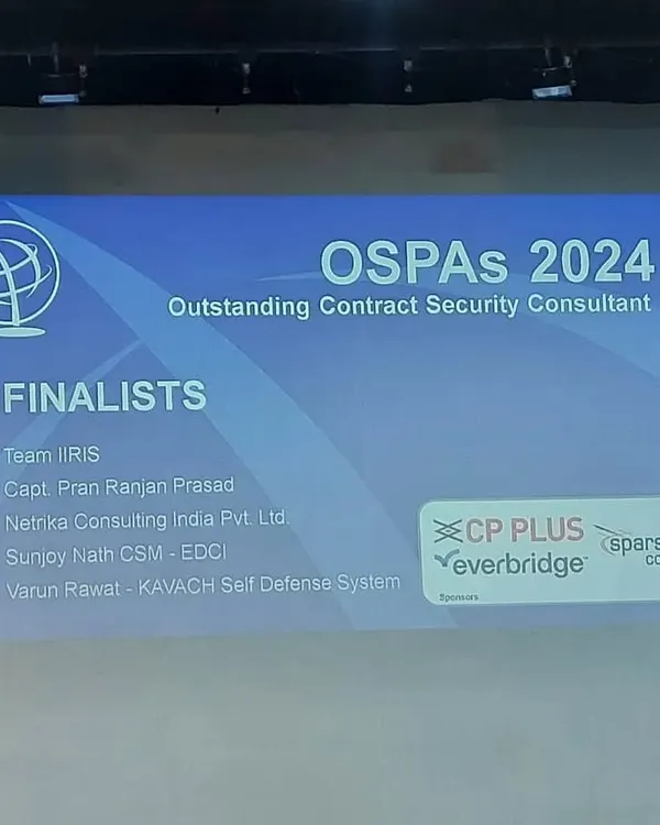 I was honored to be chosen as a finalist for the OSPAS 2024 award for "Outstanding Contract Security Consultant." Being selected among the top in India's security domain affirms that we are on the right track.