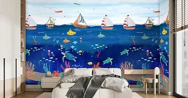 Dive into an underwater adventure with this vibrant sea-themed mural from our Fun Zone collection. Featuring sailboats, submarines, and friendly sea creatures, it turns any kid's bedroom into an ocean playground.