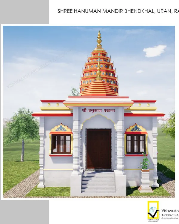 The front elevation render for the Shree Hanuman Mandir redevelopment in Bhendkhal. My design respects traditional temple forms, with a prominent 'shikhara' and decorative pillars, while using modern materials for longevity.