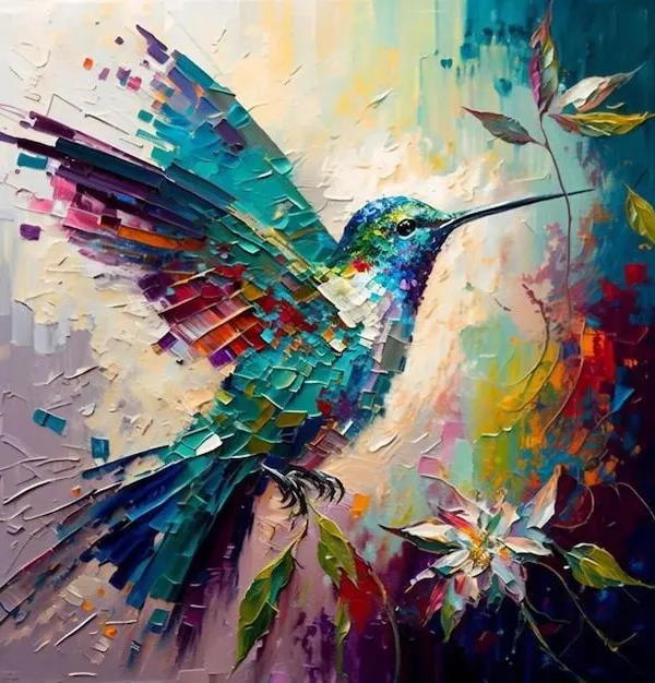 An abstract hummingbird painting demonstrating the vibrant color blending and sharp details achievable with acrylics.