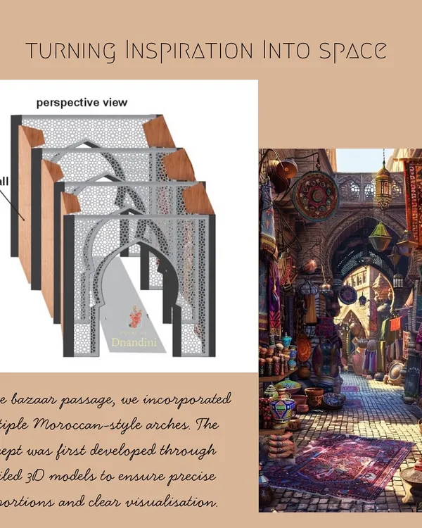 Turning inspiration into space. For the Moroccan bazaar passage, the concept was first developed through detailed 3D models to ensure the proportions of the arches were precise, creating a clear visualization before fabrication.