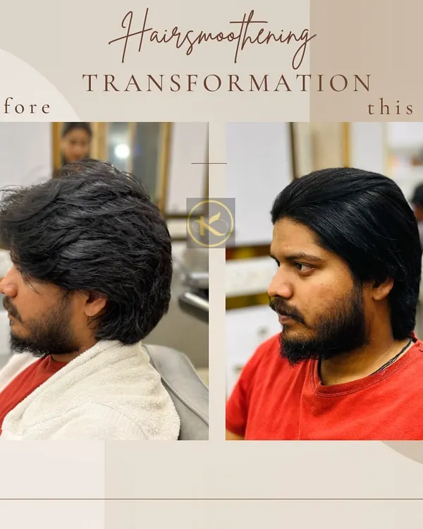A fantastic example of a men's hair smoothening transformation. We tamed frizz and reshaped his hair to create a manageable and sharp style that looks effortlessly polished.
