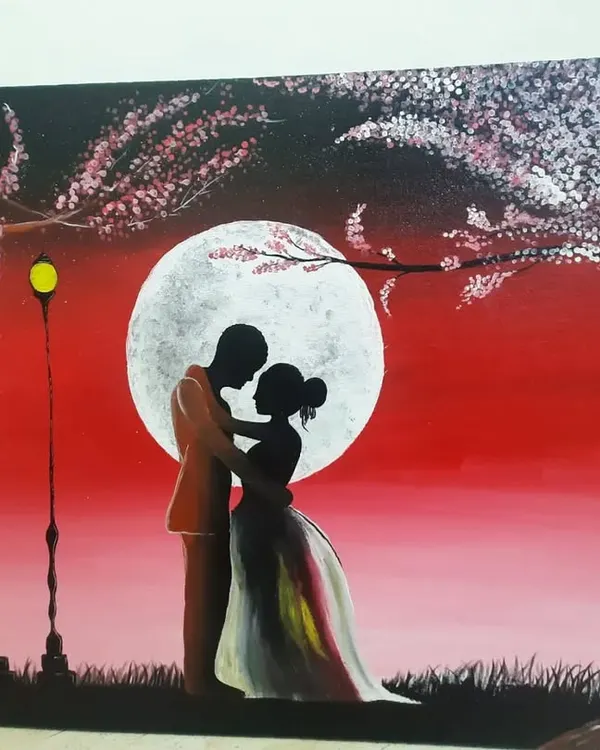 A romantic silhouette painting capturing a couple's embrace under the full moon and cherry blossoms. This is the kind of custom couple art I love creating to celebrate love stories.