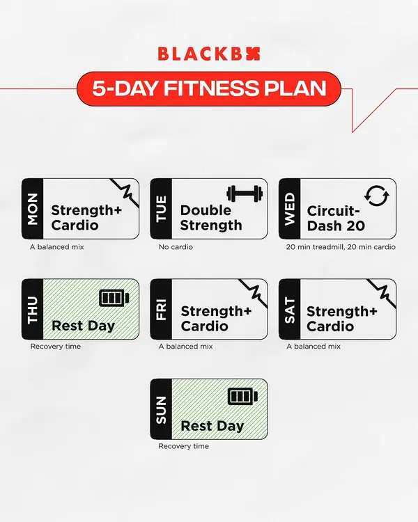 Here is a sample 5-day fitness plan using our programs. We structure your week with a mix of strength, cardio, and recovery to keep you progressing without overtraining.