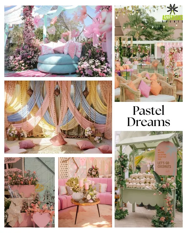 A "Pastel Dreams" mood board for a soft and romantic Mehendi. This theme features gentle pinks, blues, and yellows, with dreamy drapes and floral arrangements.