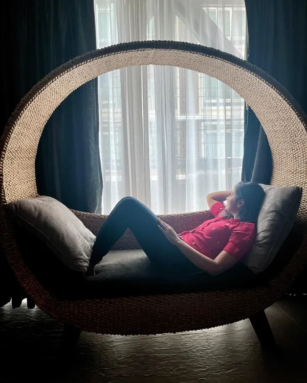 Relaxing in a beautiful, oversized rattan chair during a trip to Thailand. I'm always drawn to furniture made from natural materials like cane and rattan. Their texture and form inspire many of the boho and sustainable decor ideas we explore in my workshops.