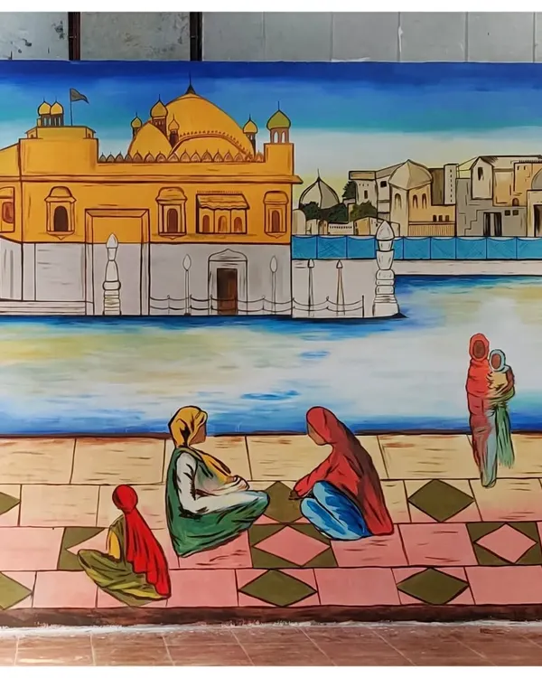 A full view of the Golden Temple mural I painted for Naancha, a Punjabi restaurant. This large-scale piece creates an immersive atmosphere, celebrating the culture and heritage behind the cuisine.