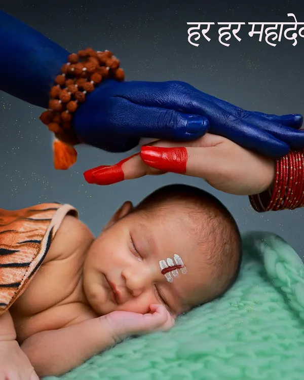 A truly divine and artistic concept. This image portrays a newborn being blessed by parents depicted as Mahadev and Parvati, a powerful and symbolic representation of love and protection.