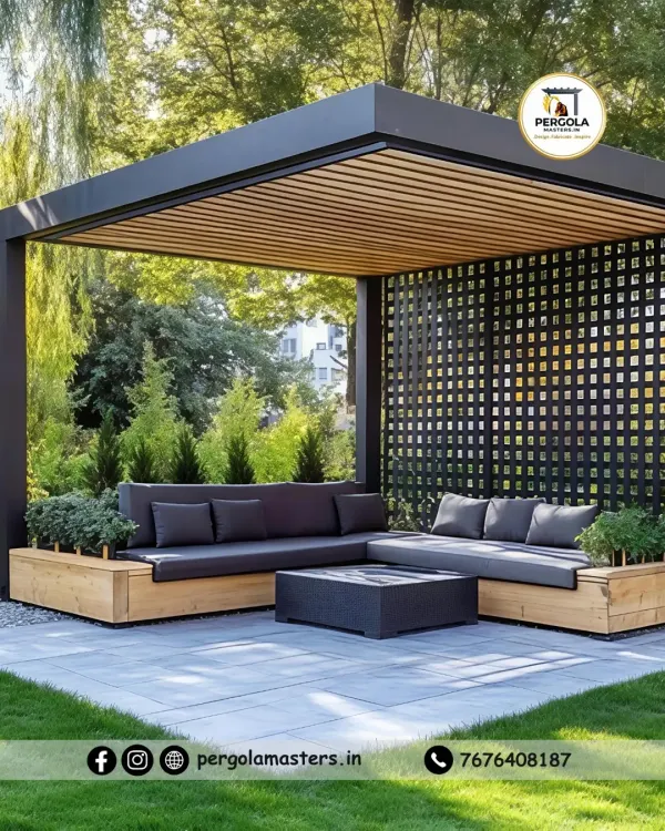 This modern gazebo features a raftered ceiling and a built-in L-shaped sofa, creating a cozy and defined lounge area. The side lattice panel adds privacy and architectural interest, making it a perfect garden centerpiece.