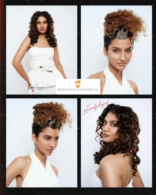 A collage showcasing two distinct curly hairstyles. One features free-flowing, voluminous curls, while the other is a high-fashion textured updo with a sculpted silver wave detail, demonstrating versatility in styling natural curls.