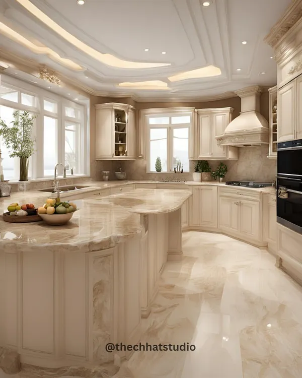 This kitchen design blends medieval inspiration with futuristic flair. I used ornate architectural details on the cabinetry and a grand island with beige marble countertops, creating a unique and timeless culinary haven.
