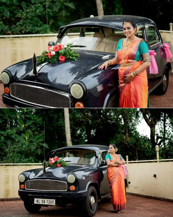 A classic Ambassador car serves as the perfect prop for this unique maternity shoot. It adds a vintage and distinctly Indian charm to the portraits of the mom to be in her beautiful silk saree.