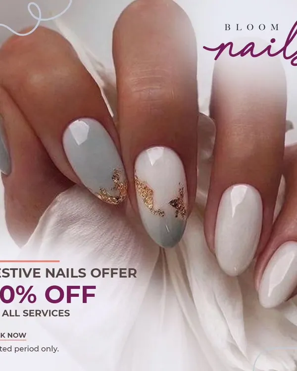 Don't miss my irresistible festive offers. This graphic shows an example of a past promotion, featuring elegant nails with gold foil accents.