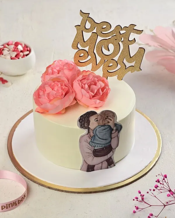 This elegant Mother's Day cake features a "Best Mom Ever" topper and a beautiful illustration, making it a truly special tribute to her.