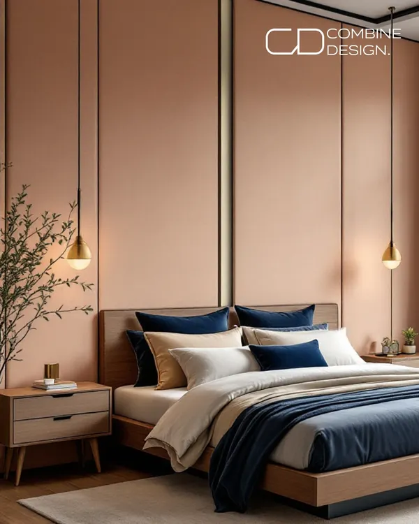 This is where your day should end. I designed this bedroom as a serene escape, blending the warmth of peach fuzz with the calm of midnight blue. The suede-paneled wall, soft pendant lighting, and rich textures come together to create a space that whispers comfort.