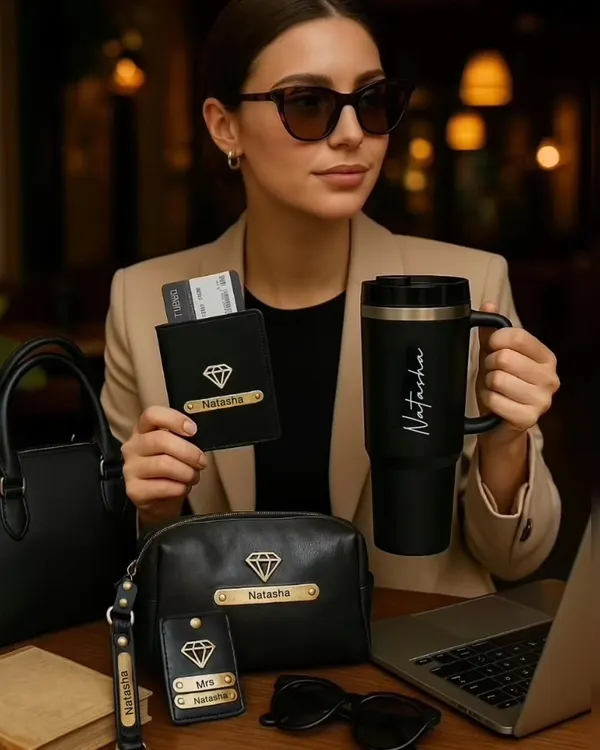 This is the ultimate travel kit for the stylish traveler. The personalized black vegan leather set includes a passport cover, pouch, luggage tag, and a matching tumbler to stay hydrated on the go.