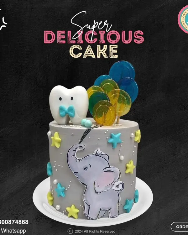 A unique and adorable cake for a little one's celebration. This design features a cute elephant, a tooth character with a bow tie, and colorful lollipops, making it perfect for a first tooth party.