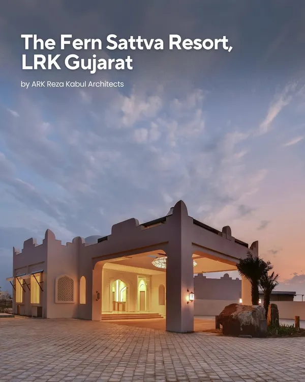 The entrance to The Fern Sattva Resort in Little Rann of Kutch, Gujarat. My design for this eco-luxury oasis blends contemporary elegance with traditional architectural elements, creating a welcoming gateway to a unique natural landscape.