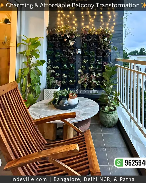 From a simple balcony to a stunning urban escape. I used a vertical garden, warm fairy lights, a comfortable wooden lounge chair, and a marble-top table to turn this small space into a picture-perfect relaxation spot.