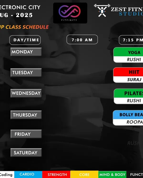 Here is a sample of our group class schedule for our Electronic City branch, featuring Yoga, HIIT, Pilates, and Bolly Beats. Classes are available in the morning and evening to fit your day.