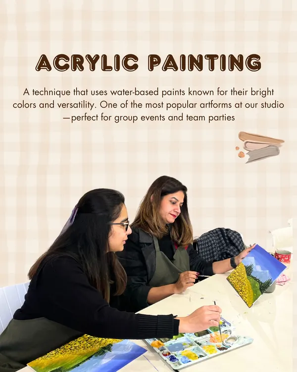 Acrylic painting is one of our most popular activities. It's a versatile, water-based paint perfect for beginners and great for group events, allowing for bright colors and quick drying times.