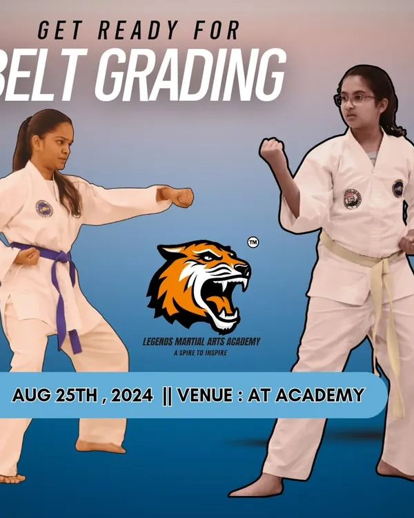 It's time to level up! This graphic announces our upcoming belt grading, a day where students get to demonstrate their progress and earn their next rank.