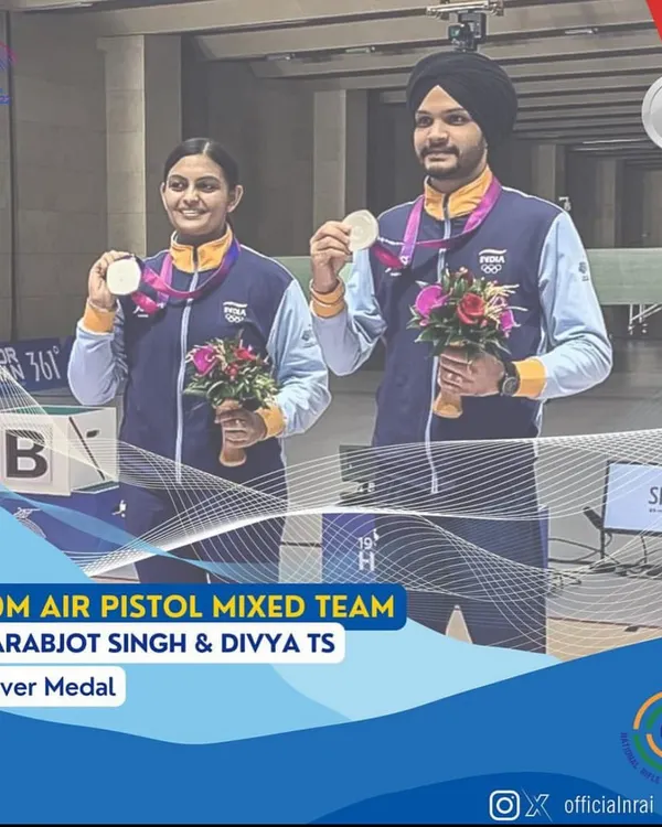 A moment of immense pride as our shooter Divya T.S. and her teammate Sarabjot Singh win the Silver Medal for India in the 10m Air Pistol Mixed Team event at the Asian Games.
