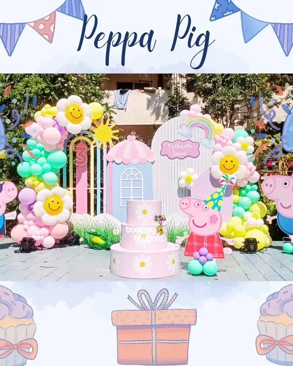 We're squealing with excitement over this Peppa Pig party. This outdoor setup features Peppa and George, a pastel rainbow, and a smiling flower balloon arch, creating a cheerful and sunny day for a celebration.