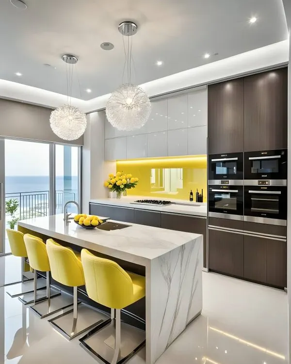 This kitchen features a stunning marble island with seating, complemented by a bold yellow backsplash and sleek, dark cabinetry. The built-in ovens and high-end finishes make this a perfect space for both cooking and entertaining.