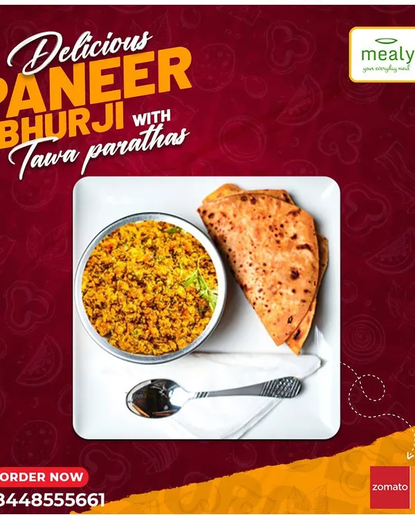 A protein-packed and delicious meal of Paneer Bhurji with soft tawa parathas. The scrambled paneer is cooked with light spices, making it a perfect pairing for our whole wheat parathas.