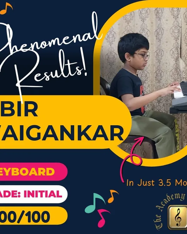 A perfect score! We are beyond excited to celebrate Abir Waigankar's phenomenal 100 out of 100 on his Initial Grade Electronic Keyboard exam. This incredible result was achieved in just 3.5 months of dedicated practice.