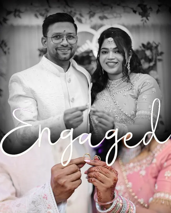 A beautiful collage capturing the key moments of a ring ceremony, including the couple showing their rings and a close-up of their hands.