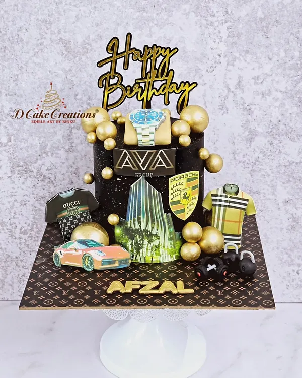 A sophisticated cake for the ultimate brand lover. This design features logos and items from Porsche, Gucci, and other luxury brands, all meticulously crafted from edible materials.