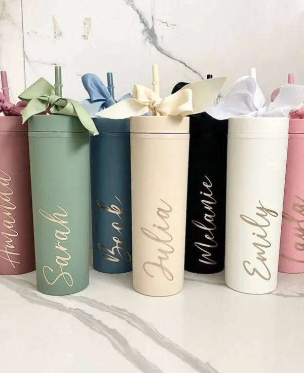 These matte-finish skinny tumblers are perfect for bridesmaids' gifts, party favors, or just for yourself. I can personalize them with names in a beautiful script font, as shown here in various pastel colors.