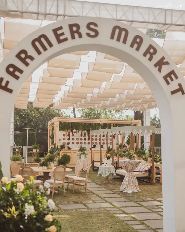 The grand entrance to our 'Farmers Market' brunch, inviting guests into a rustic and charming world of fresh food and relaxed fun.