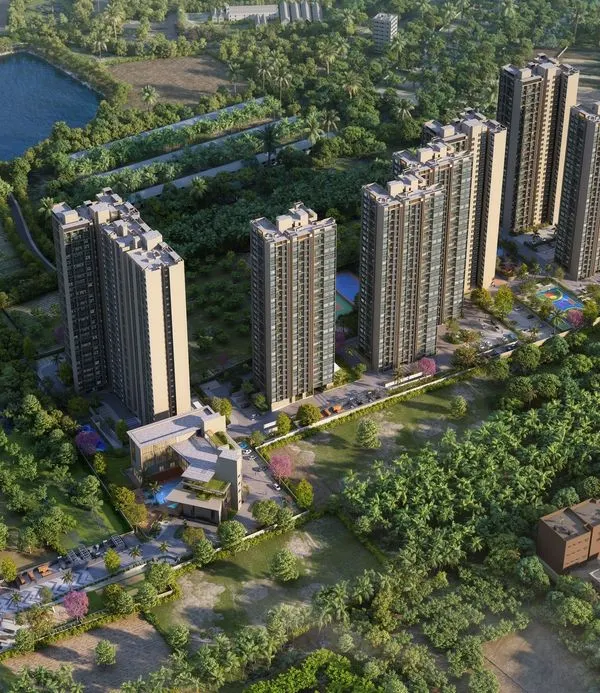 This aerial view of Sattva Lumina shows how we situate high-rise towers within a dense green landscape, creating an urban oasis that offers both density and tranquility.