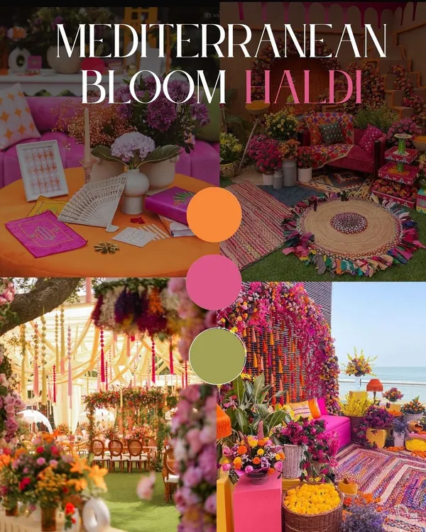 Forget the traditional yellow. This "Mediterranean Bloom" Haldi mood board shows how I use a vibrant palette of orange, pink, and olive green to create a fresh and colorful theme.