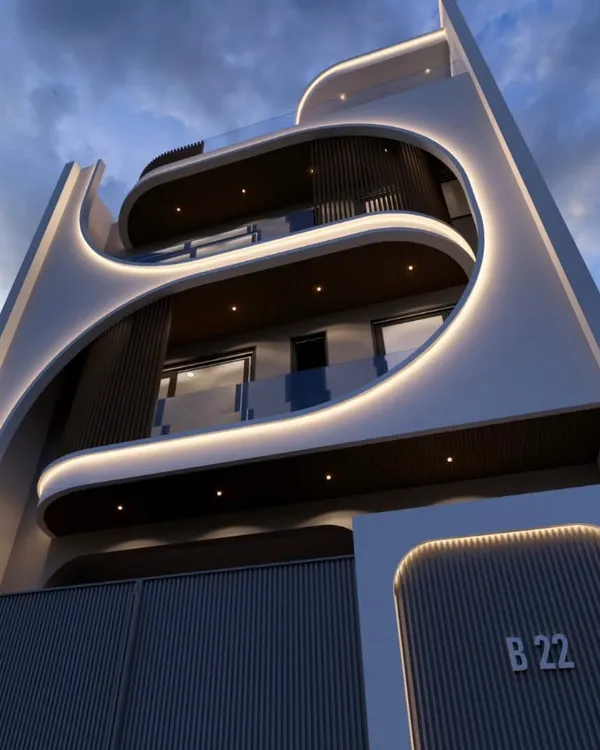 This residential facade showcases my approach to modern architecture, using fluid curves and integrated lighting to create a building that is both serene and visually dynamic.