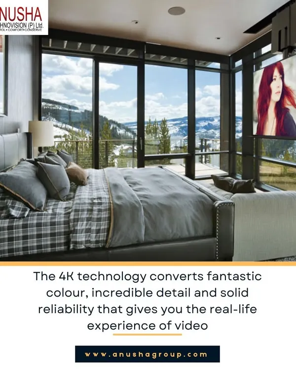 This bedroom installation features a ceiling-mounted, retractable 4K projector screen, providing a full cinematic experience without compromising the room's design. It's a perfect example of how I integrate advanced AV technology into personal living spaces.