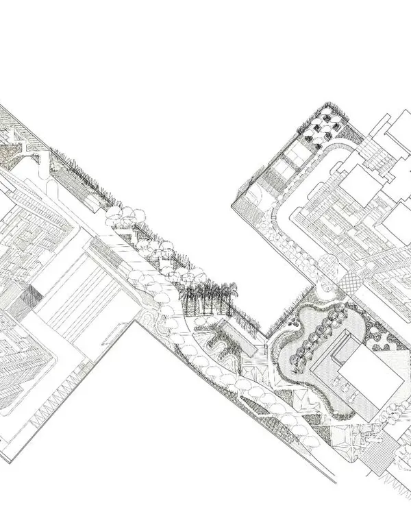 A conceptual drawing exploring how landscape can do more than what is expected. This kind of exploratory sketching is a core part of our process, pushing us to find innovative ways to integrate community spaces within complex urban fabrics.