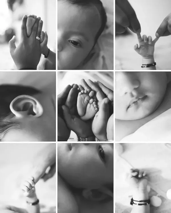 A beautiful black and white collage capturing the tiny details of a newborn: their feet held in a parent's hands, their delicate ear, and their tiny fingers grasping a thumb.