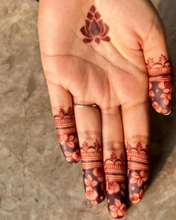 Testing the stain of my fresh, organic mehendi paste. You can already see the rich, dark color developing on the fingertips and the beautiful lotus motif. This is the quality I promise.