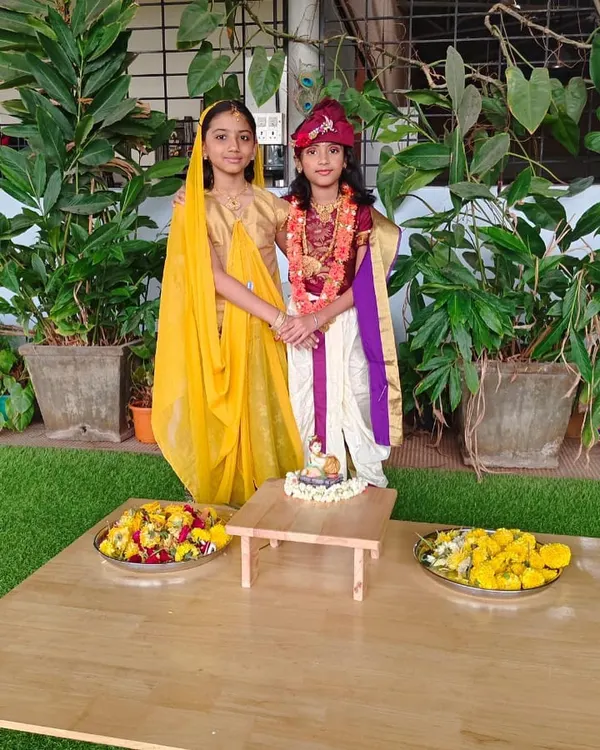 Children dressed as Radha and Krishna for our Janmashtami celebration. Celebrating festivals teaches children about different cultures and traditions in a joyful, immersive way, and these older students serve as role models for the younger ones.