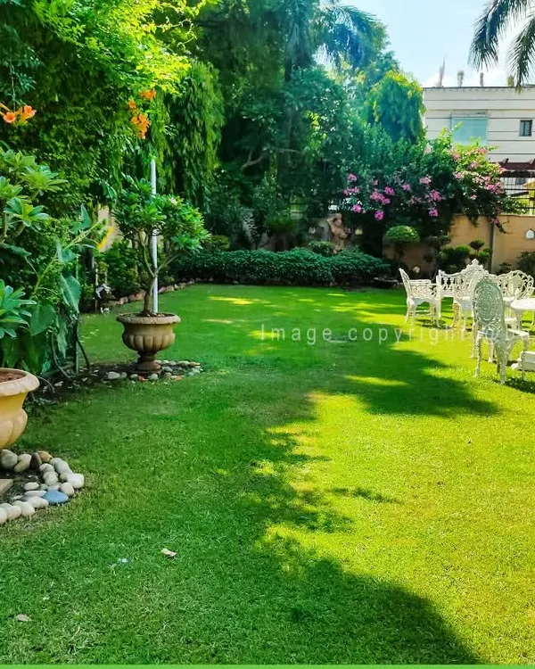 A beautiful, expansive lawn creating a peaceful retreat. We specialize in lawn installation and maintenance, ensuring a healthy, green carpet for your large garden spaces.