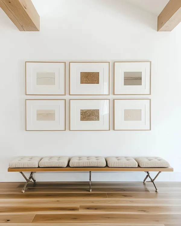 For a client's villa in Alibaug, we framed a beautiful set of six limited edition etching prints to create this bespoke gallery wall. The natural veneer wooden frames and wide white mats create a serene and sophisticated look.
