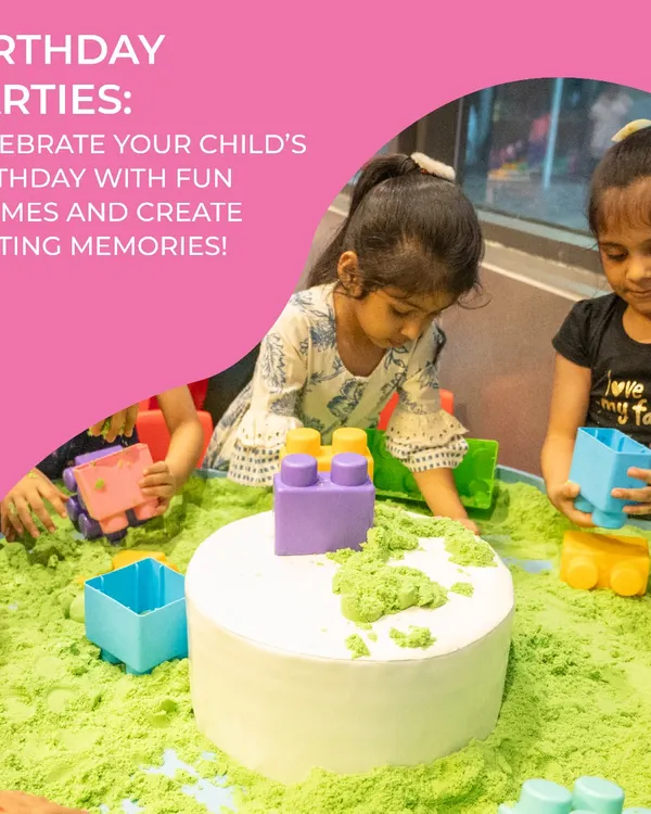 We specialize in birthday parties. This graphic highlights our service of creating lasting memories with fun themes, featuring children engaged in a sensory sand play activity.