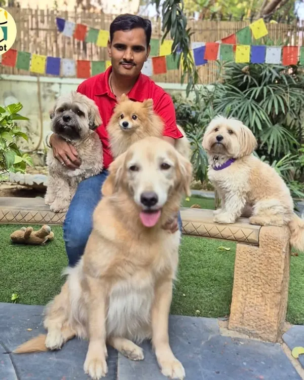 This is Mr. Dev Narayan Yadav, the head of our boarding team, surrounded by some of our happy guests. His 14 years of dedication, kindness, and positive energy make him a true animal magnet and the heart of our boarding facility.