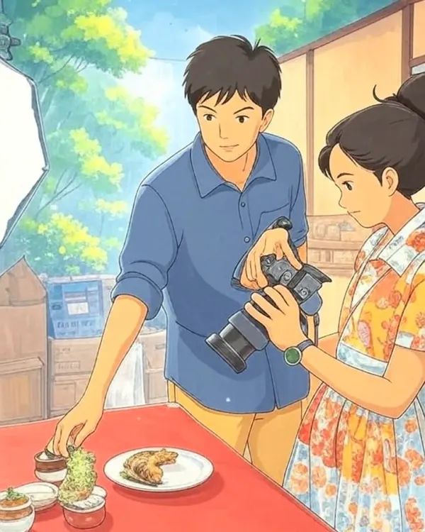 A Studio Ghibli-style illustration of our photography duo at work. This image captures the whimsical and artistic spirit of our creative process, blending our love for food and storytelling.